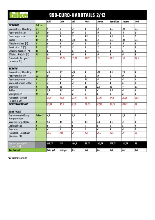 999-Euro-Hardtails: Punktetabelle